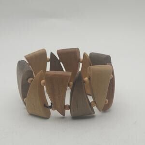 Wooden Geometric Stretch Bracelet Chunky Boho Earth Tone Panel Bead Cuff Jewelry